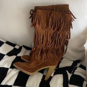Michael Kors Tan Suede Fringe High Heel Ingrid Crepe